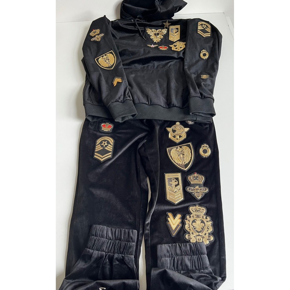 Reason Kids Black Velour Track Suit Set Gold Embellished‎ Military Sz L